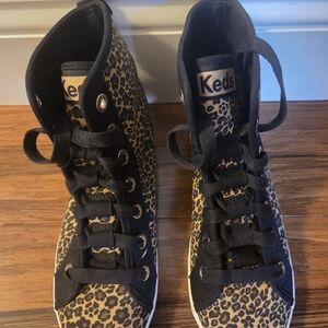 Keds Leopard Print High-Top Sneakers in Tan & Black